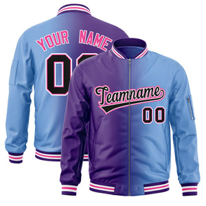 Custom Purple Light Blue Full-Zip Gradient Fashion Letterman Bomber Jacket