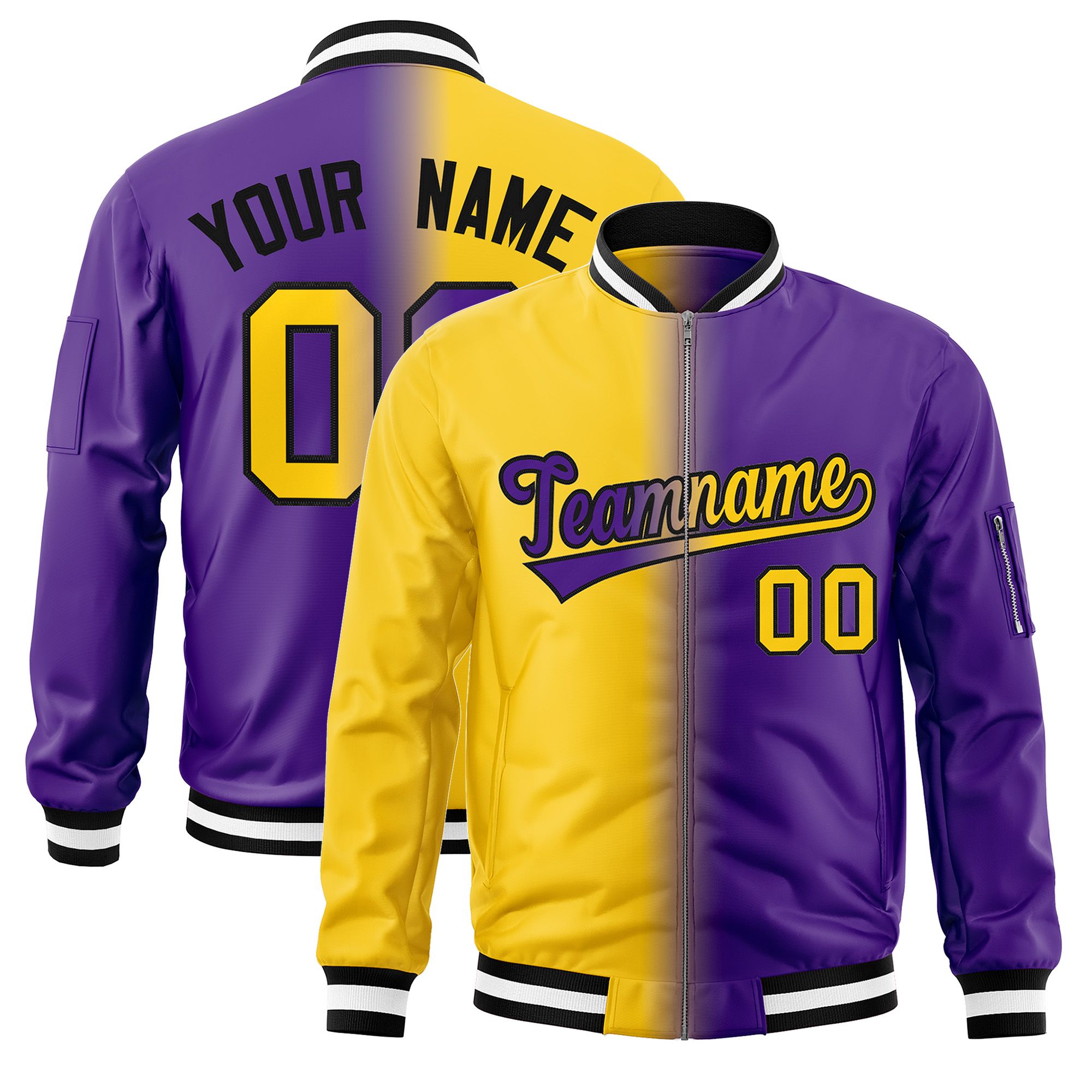 Custom Gold Purple Full-Zip Gradient Fashion Letterman Bomber Jacket