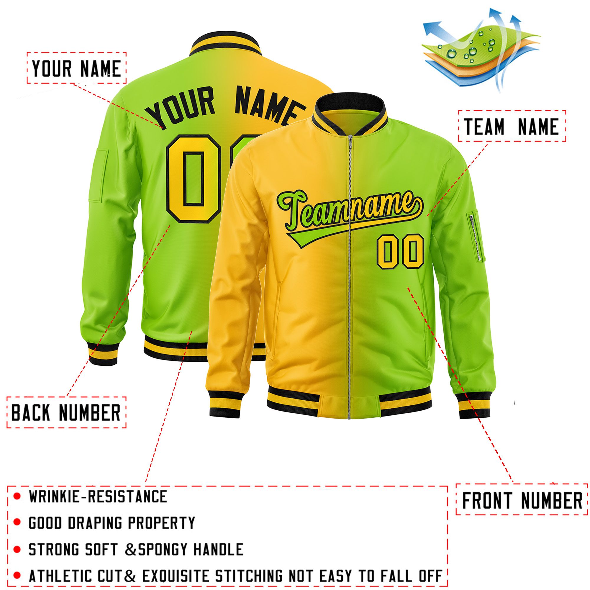 Custom Neon Green Gold Full-Zip Gradient Fashion Letterman Bomber Jacket