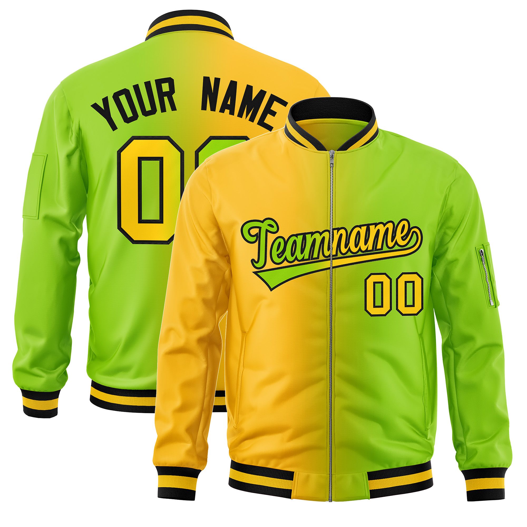 Custom Neon Green Gold Full-Zip Gradient Fashion Letterman Bomber Jacket