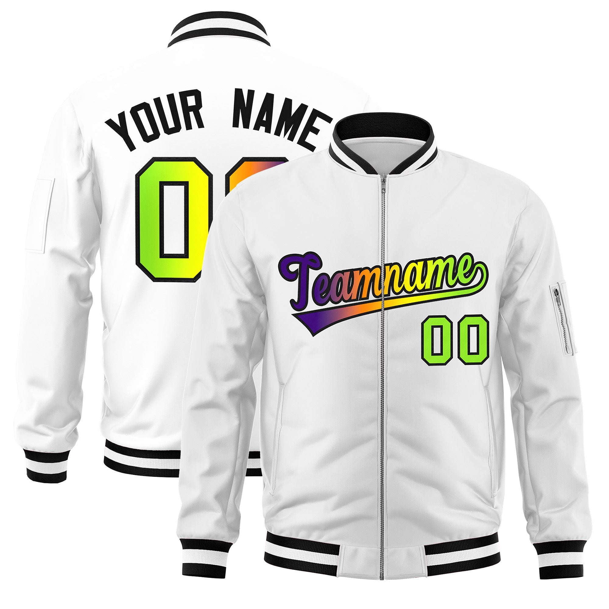 Custom White  Full-Zip Gradient Fashion Letterman Bomber Jacket