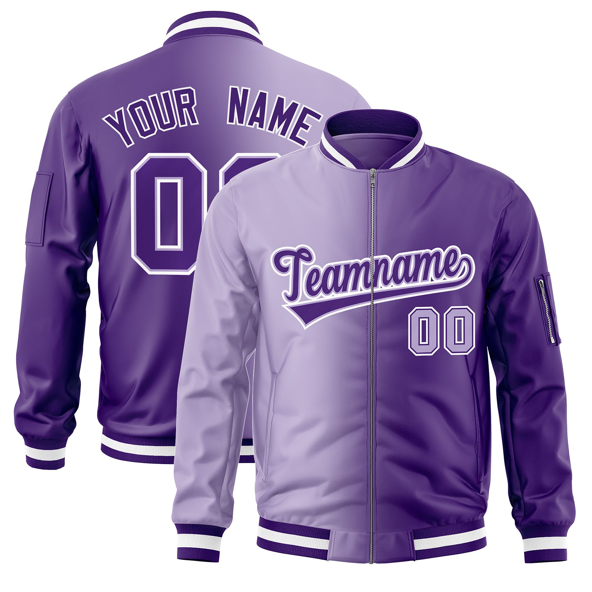 Custom Light Purple Purple Full-Zip Gradient Fashion Letterman Bomber Jacket