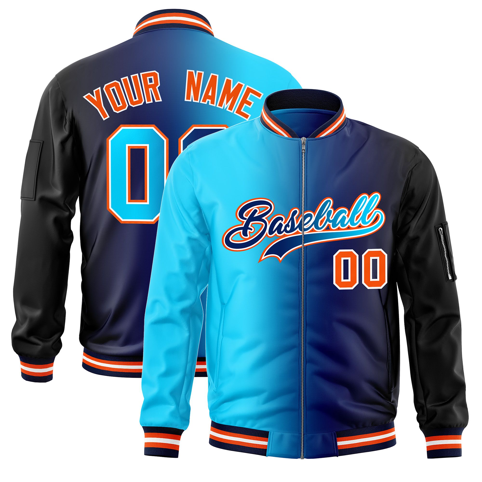 Custom Sky Blue Navy Full-Zip Gradient Fashion Letterman Bomber Jacket