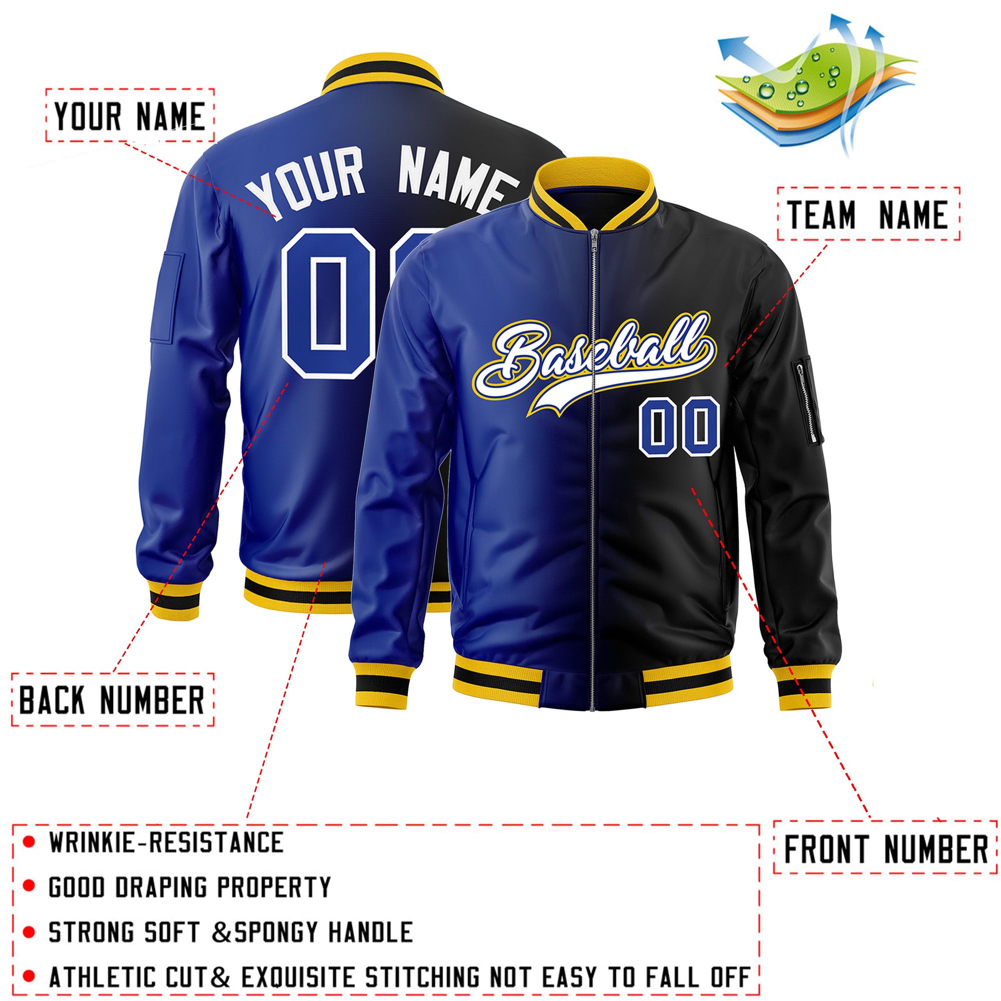 Custom Royal Black Full-Zip Gradient Fashion Letterman Bomber Jacket