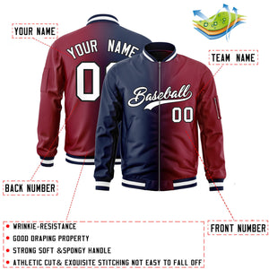 Custom Navy Crimson Full-Zip Gradient Fashion Letterman Bomber Jacket