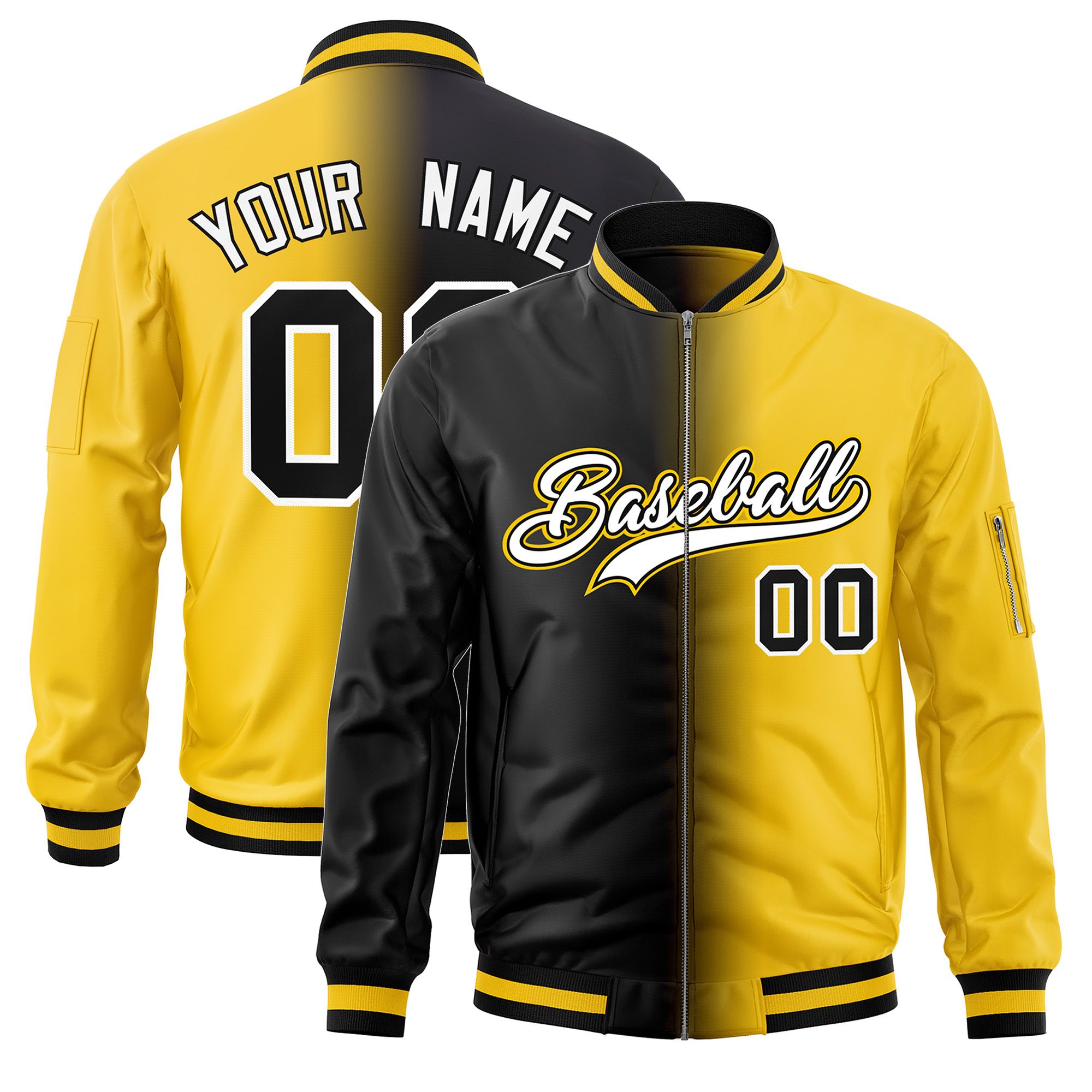 Custom Black Gold Full-Zip Gradient Fashion Letterman Bomber Jacket