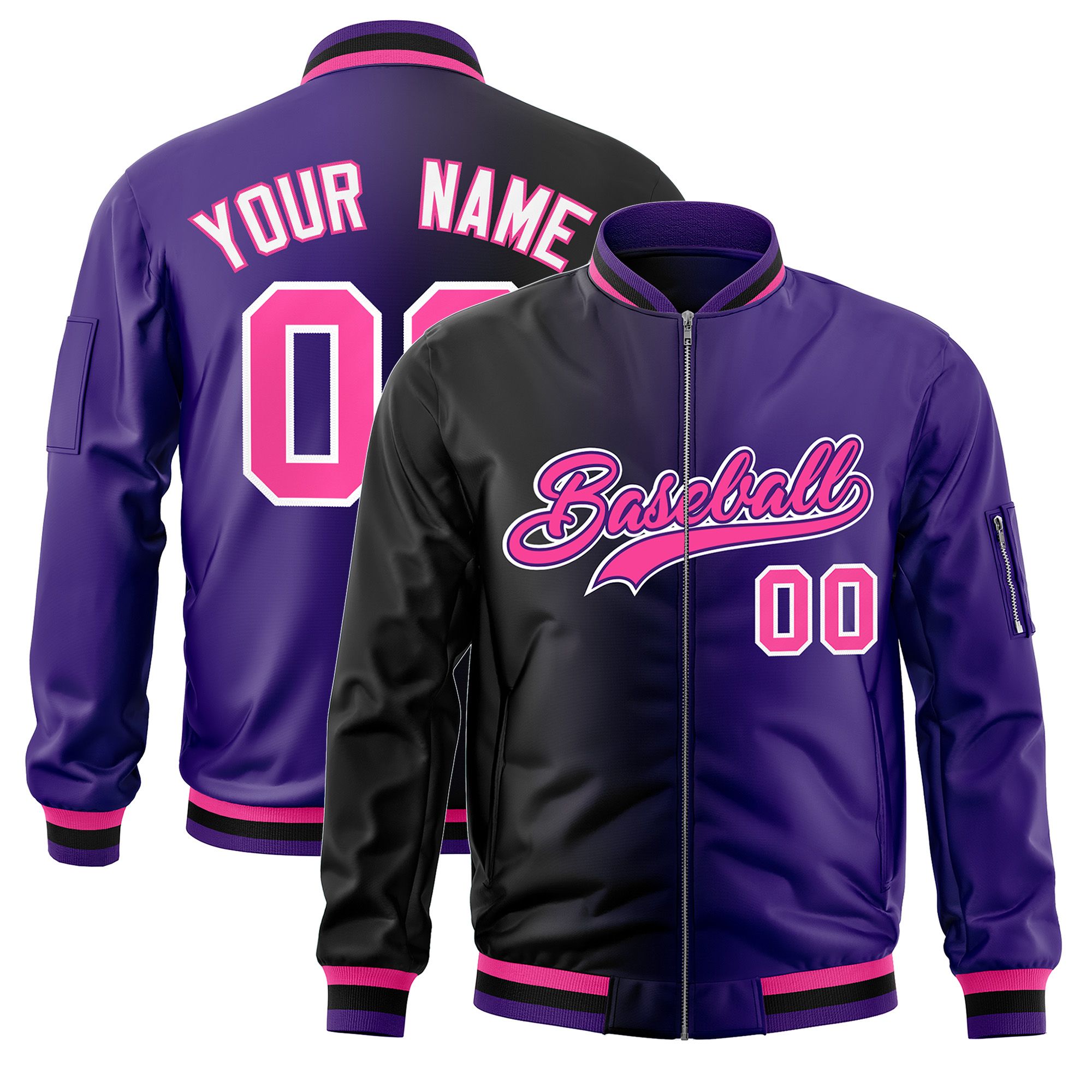 Custom Black Purple Full-Zip Gradient Fashion Letterman Bomber Jacket