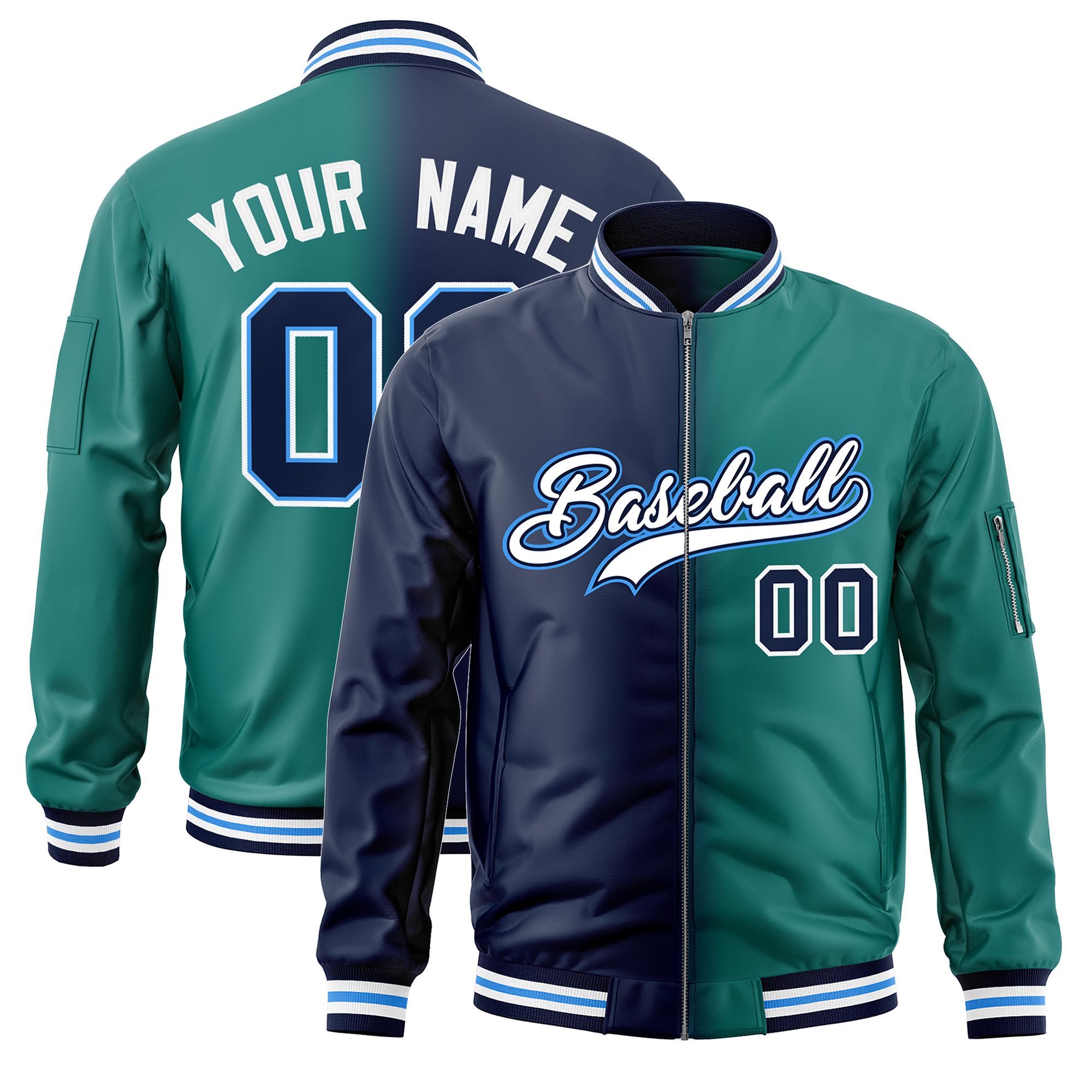 Custom Navy Aqua Full-Zip Gradient Fashion Letterman Bomber Jacket