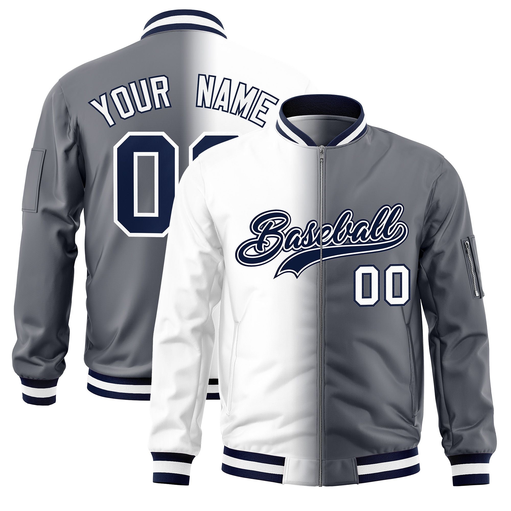 Custom White Dark Gray Full-Zip Gradient Fashion Letterman Bomber Jacket