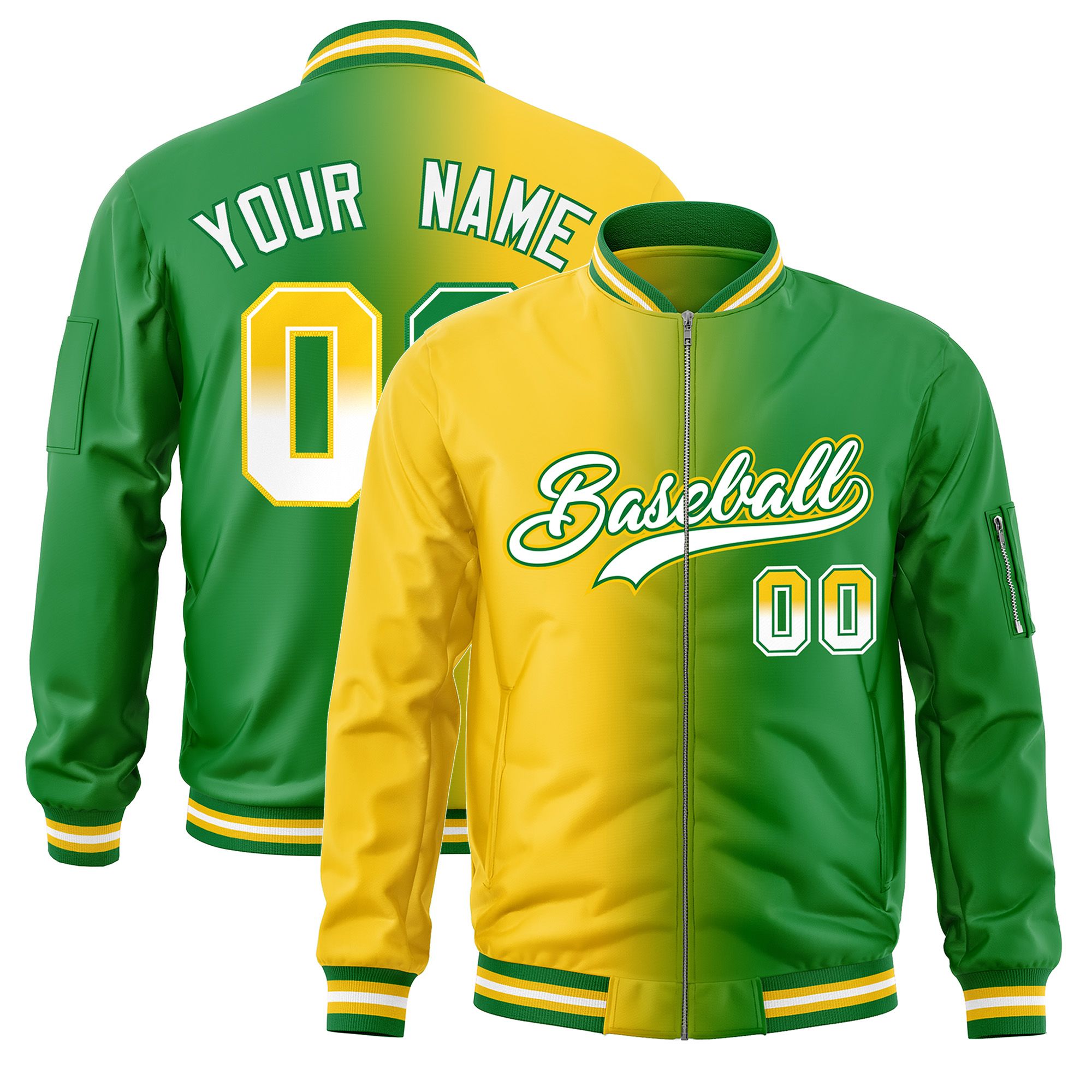 Custom Gold Kelly Green Full-Zip Gradient Fashion Letterman Bomber Jacket