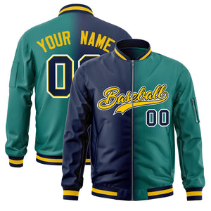 Custom Navy Aqua Full-Zip Gradient Fashion Letterman Bomber Jacket