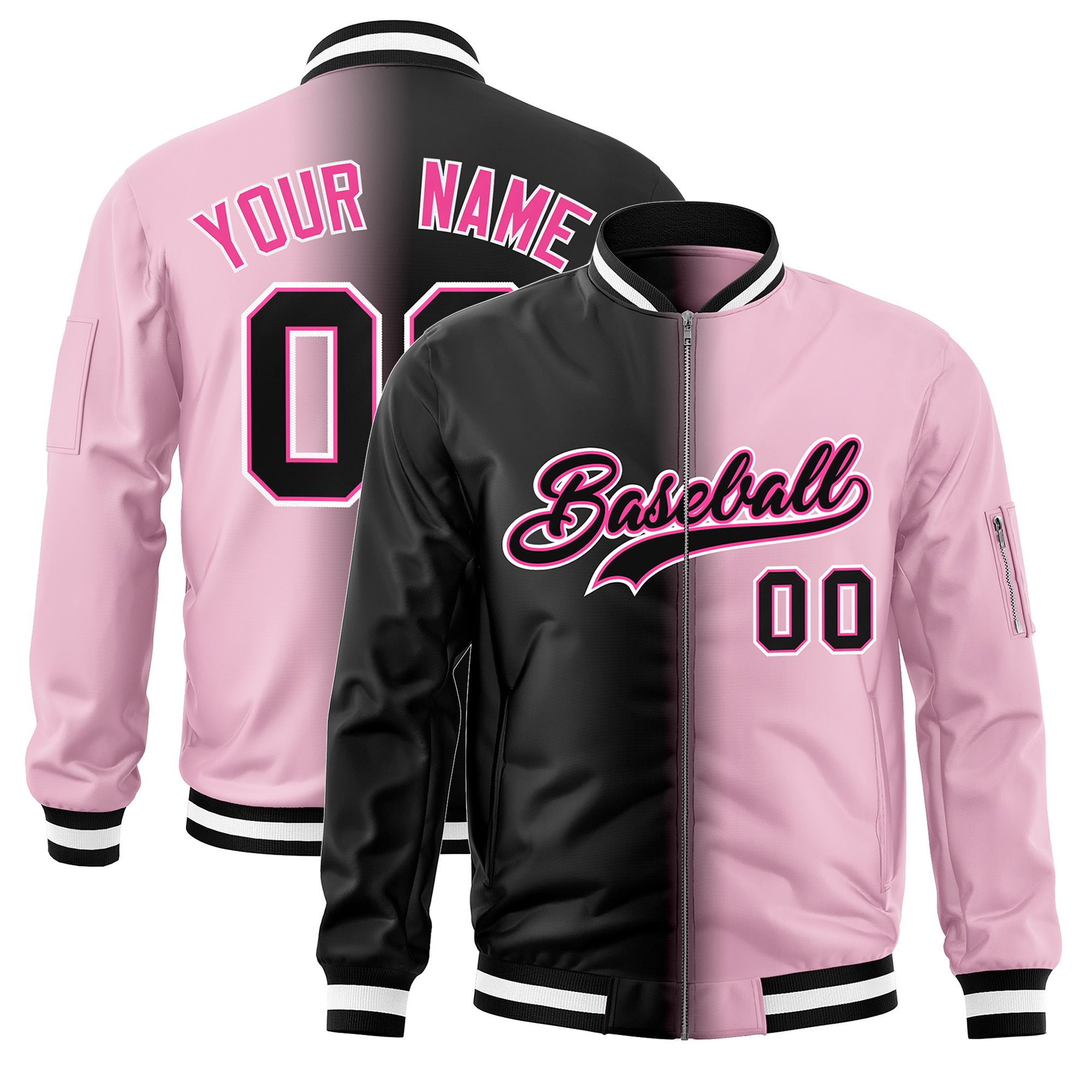 Custom Black Light Pink Full-Zip Gradient Fashion Letterman Bomber Jacket