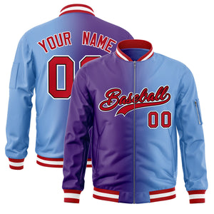 Custom Purple Light Blue Full-Zip Gradient Fashion Letterman Bomber Jacket