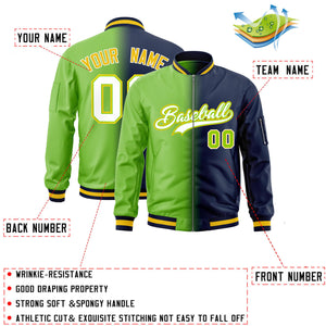 Custom Neon Green Navy Full-Zip Gradient Fashion Letterman Bomber Jacket