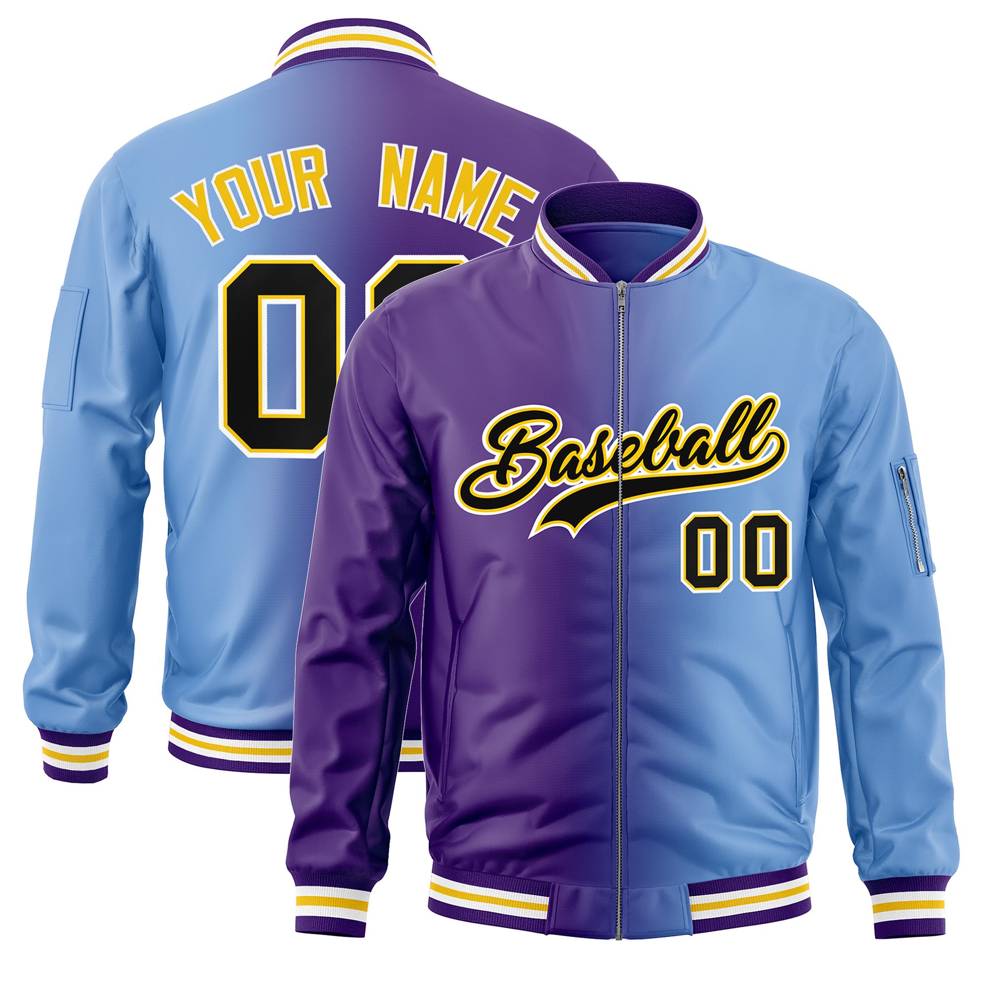 Custom Purple Light Blue Full-Zip Gradient Fashion Letterman Bomber Jacket