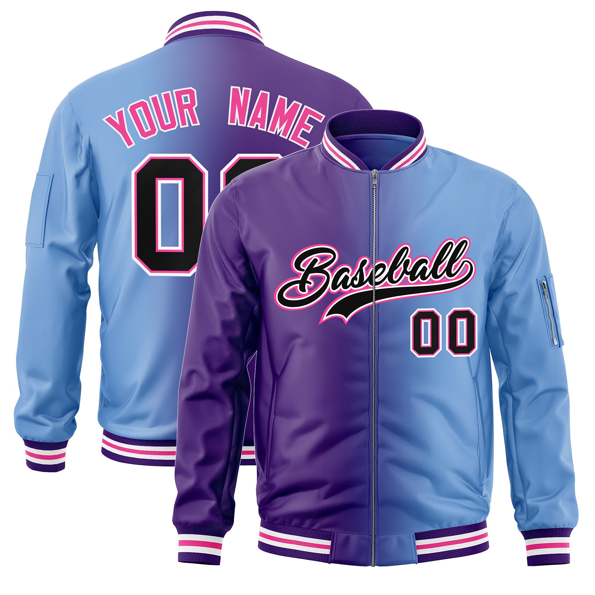 Custom Purple Light Blue Full-Zip Gradient Fashion Letterman Bomber Jacket