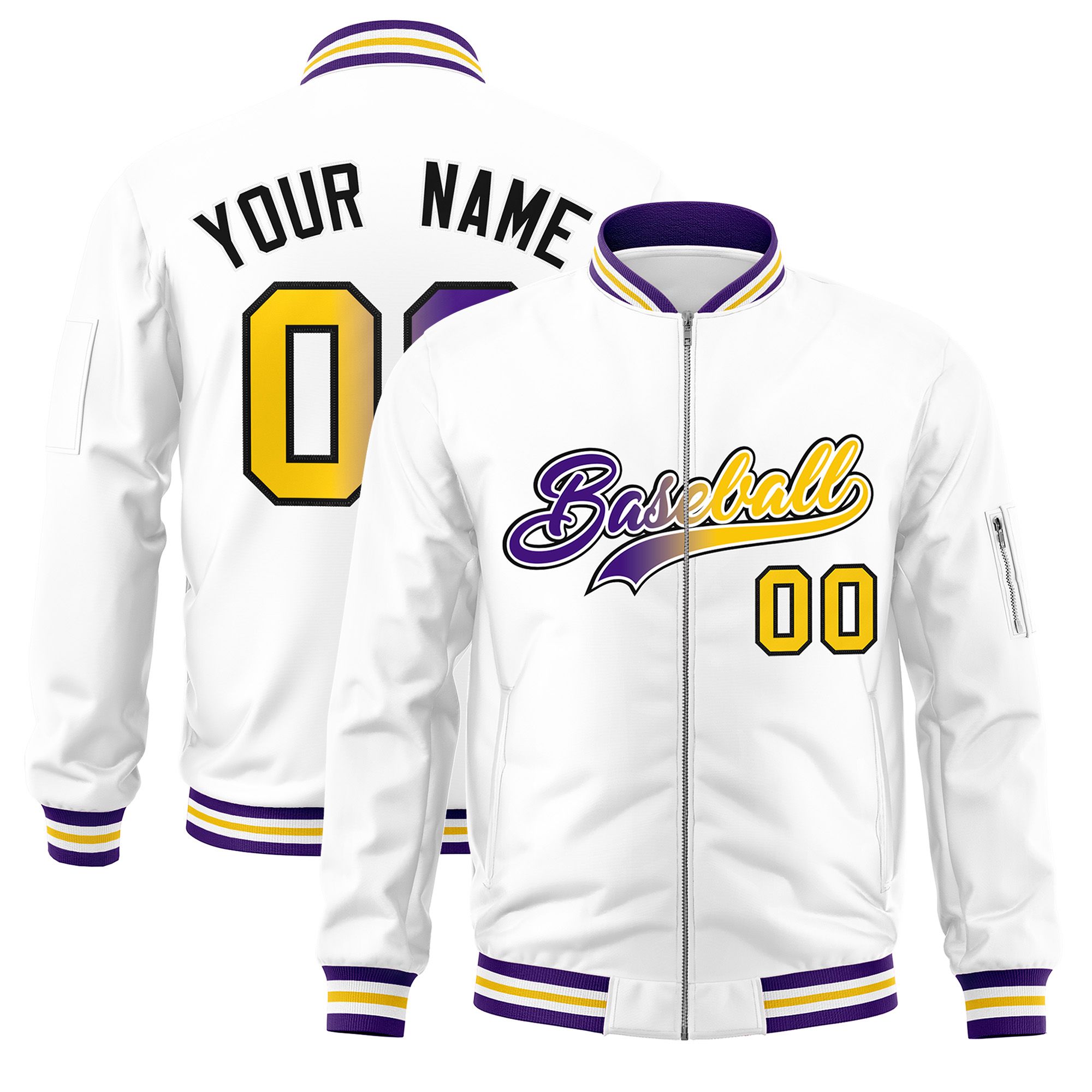 Custom White  Full-Zip Gradient Fashion Letterman Bomber Jacket