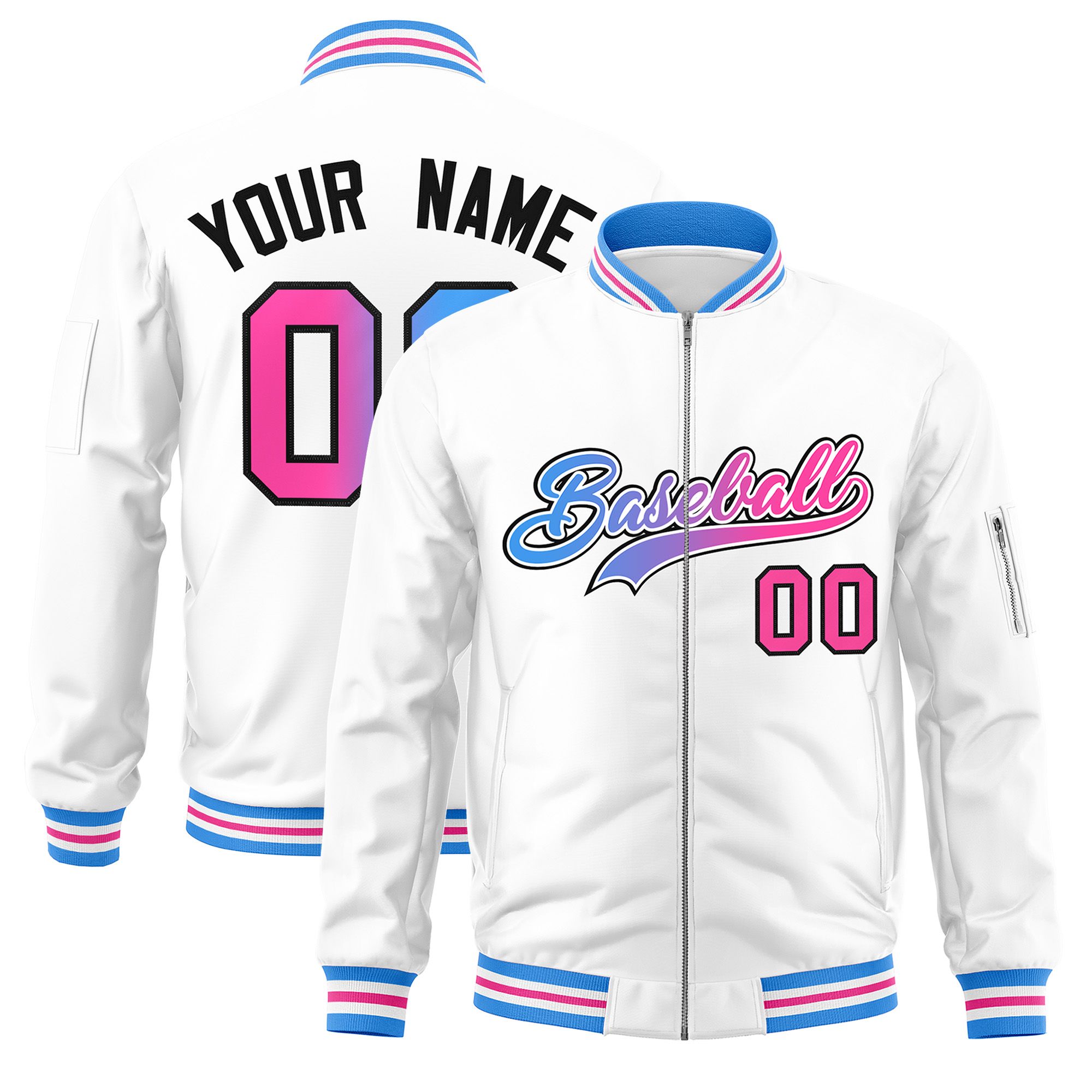 Custom White  Full-Zip Gradient Fashion Letterman Bomber Jacket