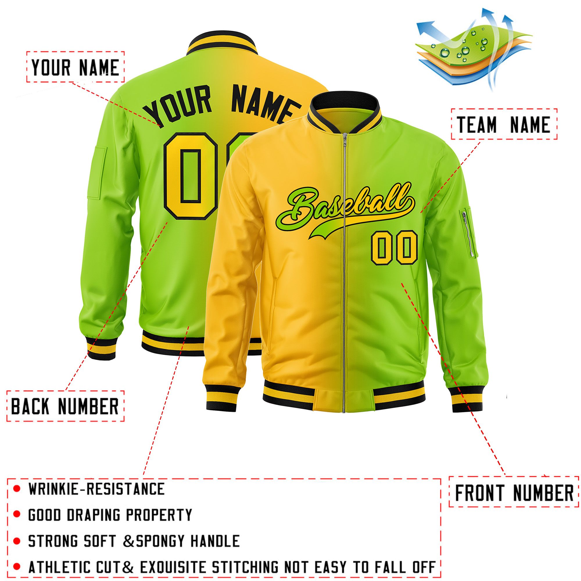 Custom Neon Green Gold Full-Zip Gradient Fashion Letterman Bomber Jacket