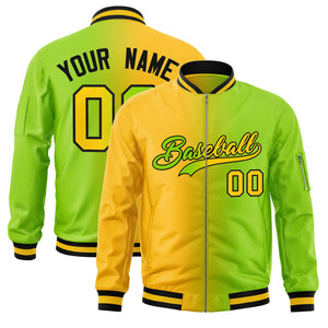 Custom Neon Green Gold Full-Zip Gradient Fashion Letterman Bomber Jacket