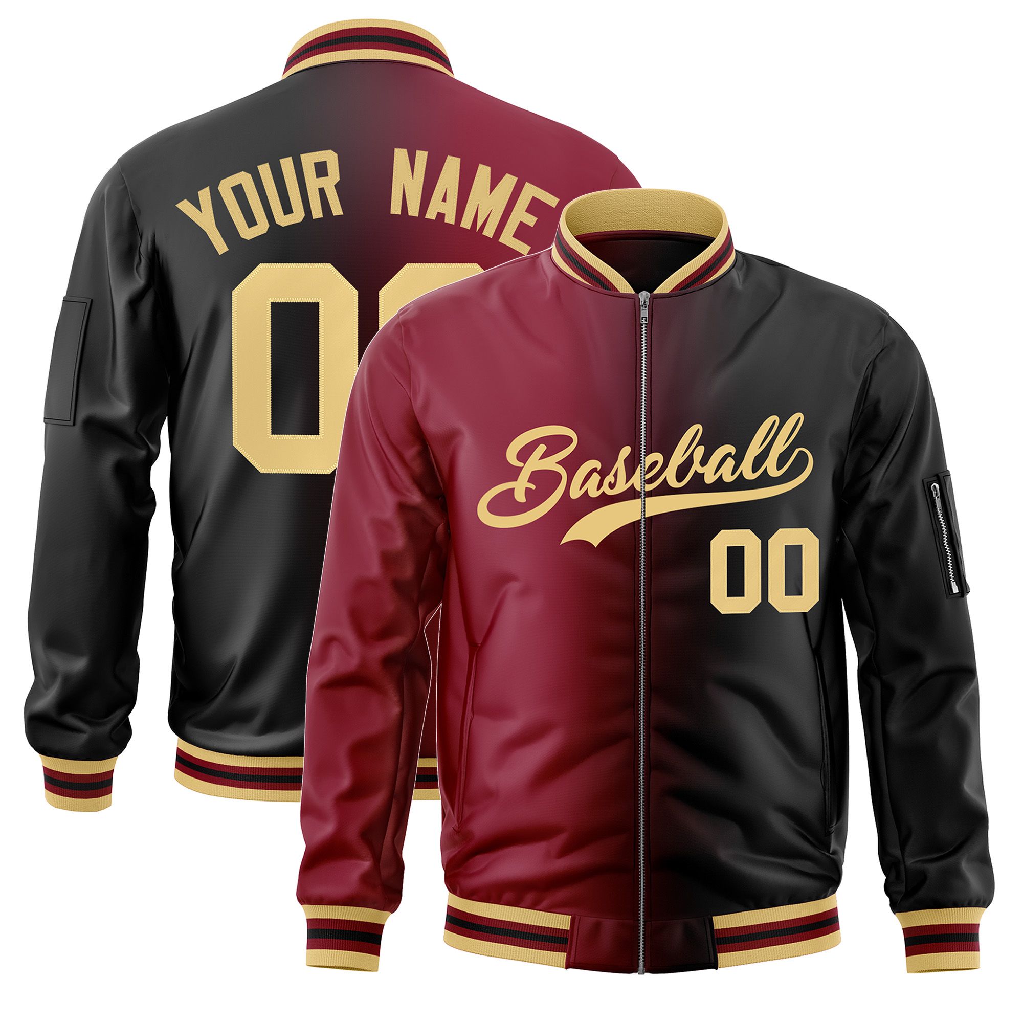 Custom Crimson Black Full-Zip Gradient Fashion Letterman Bomber Jacket