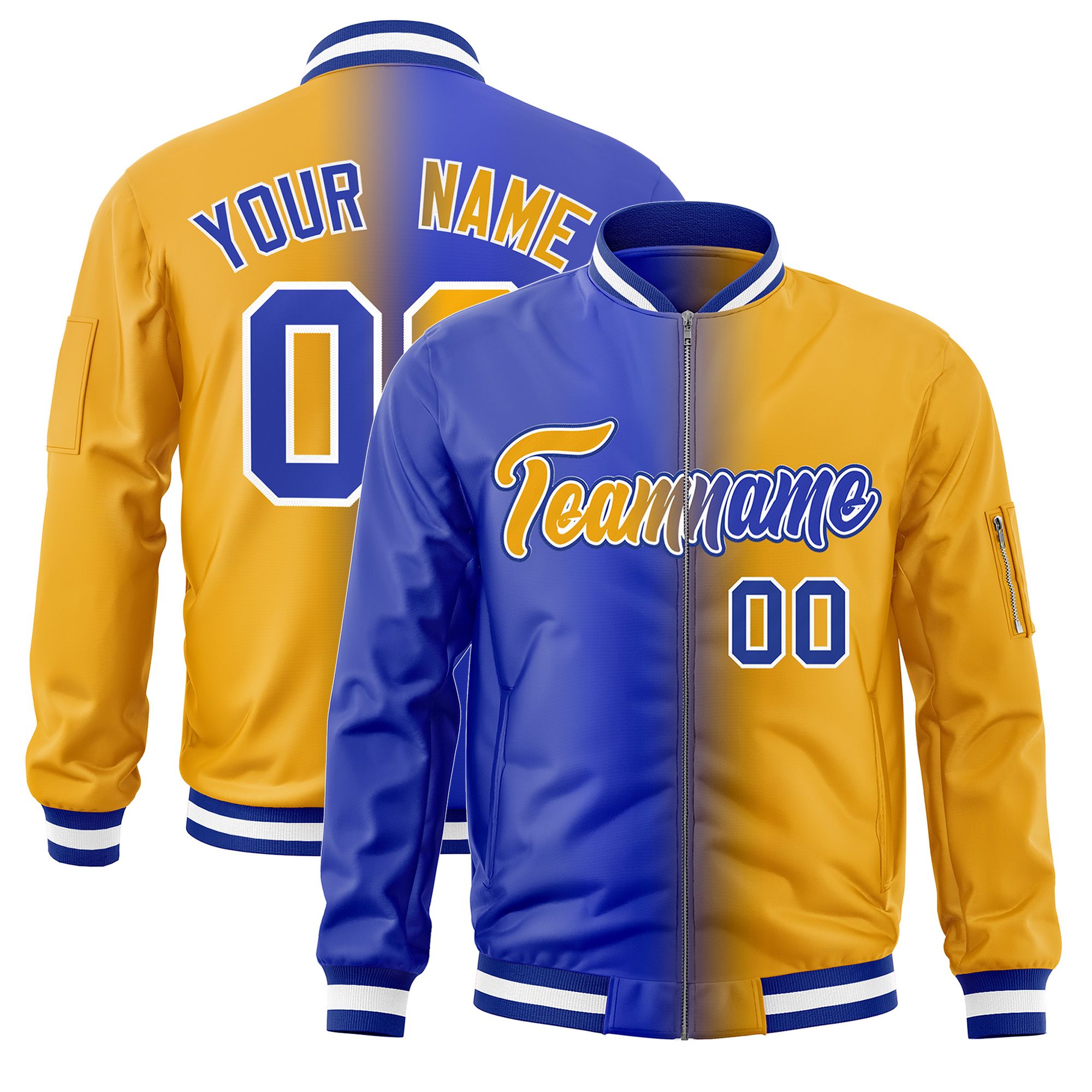 Custom Royal Yellow Full-Zip Gradient Fashion Letterman Bomber Jacket