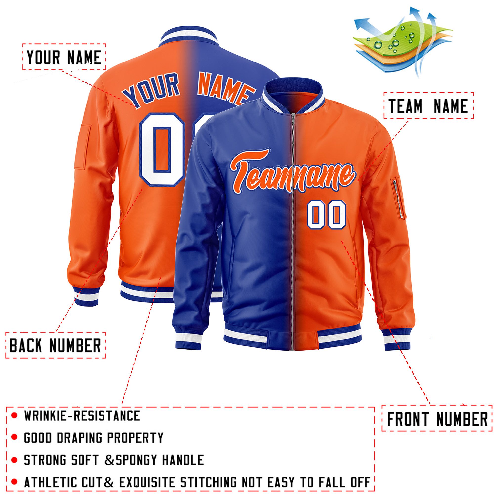 Custom Royal Orange Full-Zip Gradient Fashion Letterman Bomber Jacket