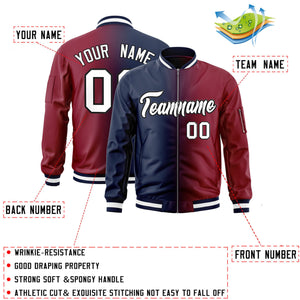 Custom Navy Crimson Full-Zip Gradient Fashion Letterman Bomber Jacket