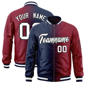 Custom Navy Crimson Full-Zip Gradient Fashion Letterman Bomber Jacket