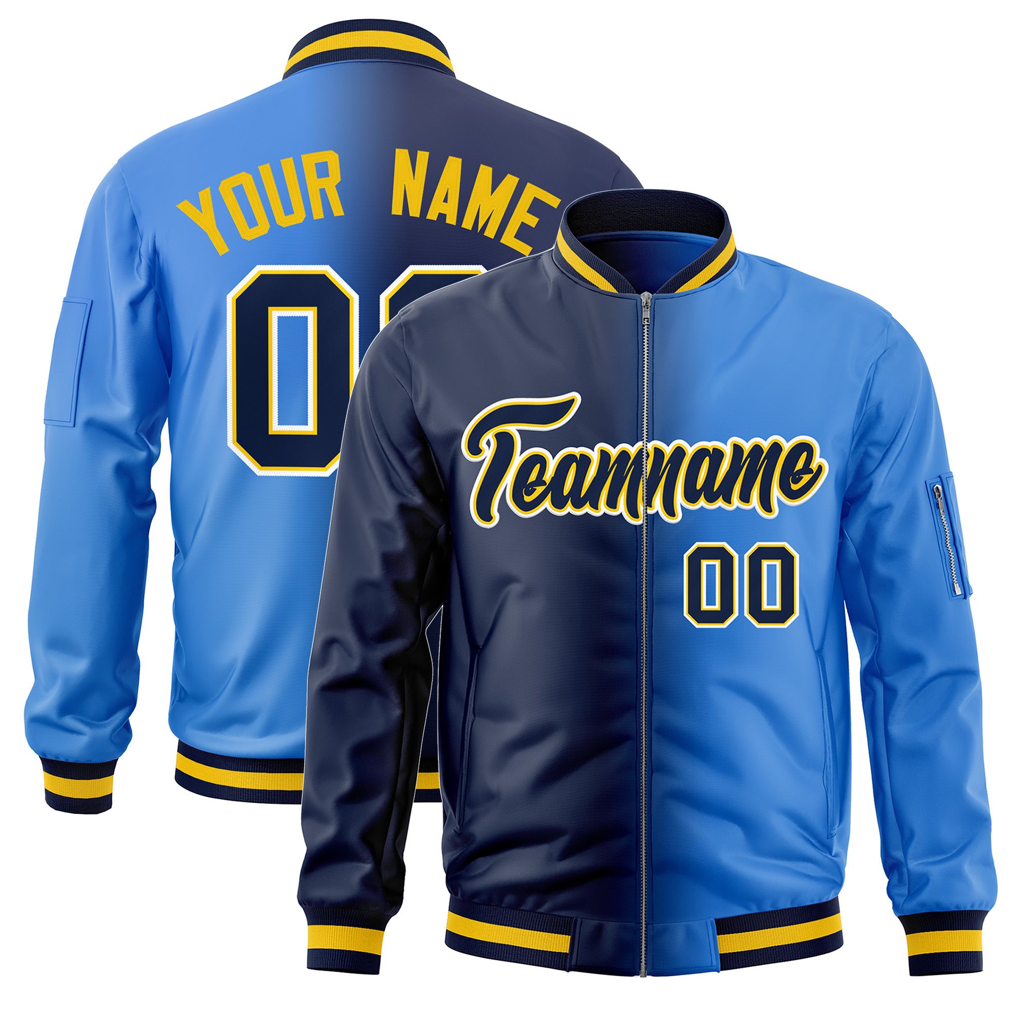 Custom Navy Powder Blue Full-Zip Gradient Fashion Letterman Bomber Jacket