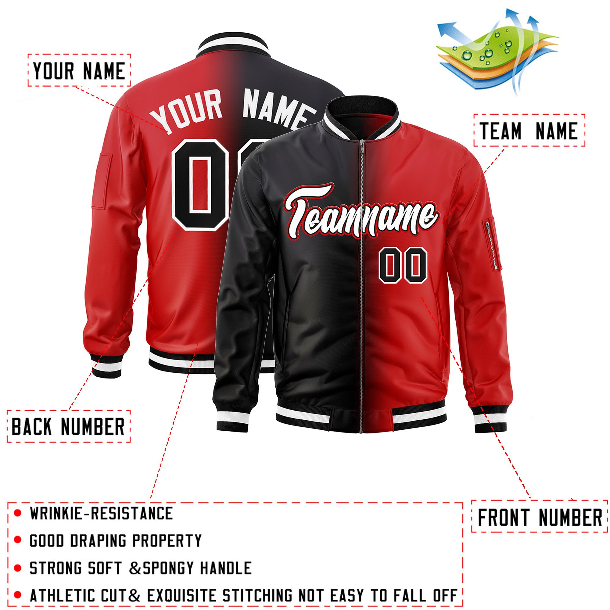 Custom Black Red Full-Zip Gradient Fashion Letterman Bomber Jacket