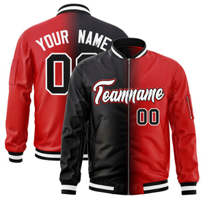 Custom Black Red Full-Zip Gradient Fashion Letterman Bomber Jacket