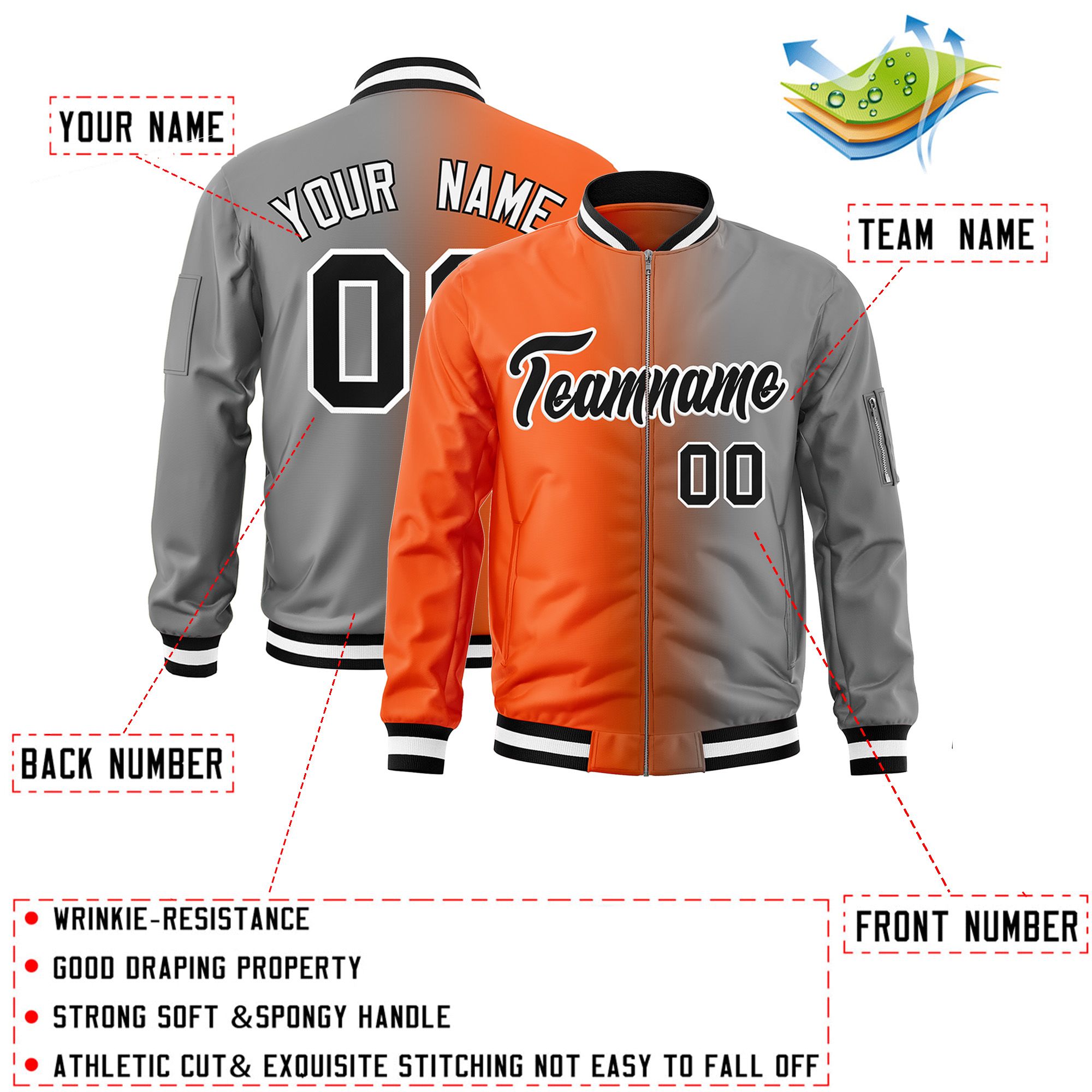 Custom Orange Gray Full-Zip Gradient Fashion Letterman Bomber Jacket