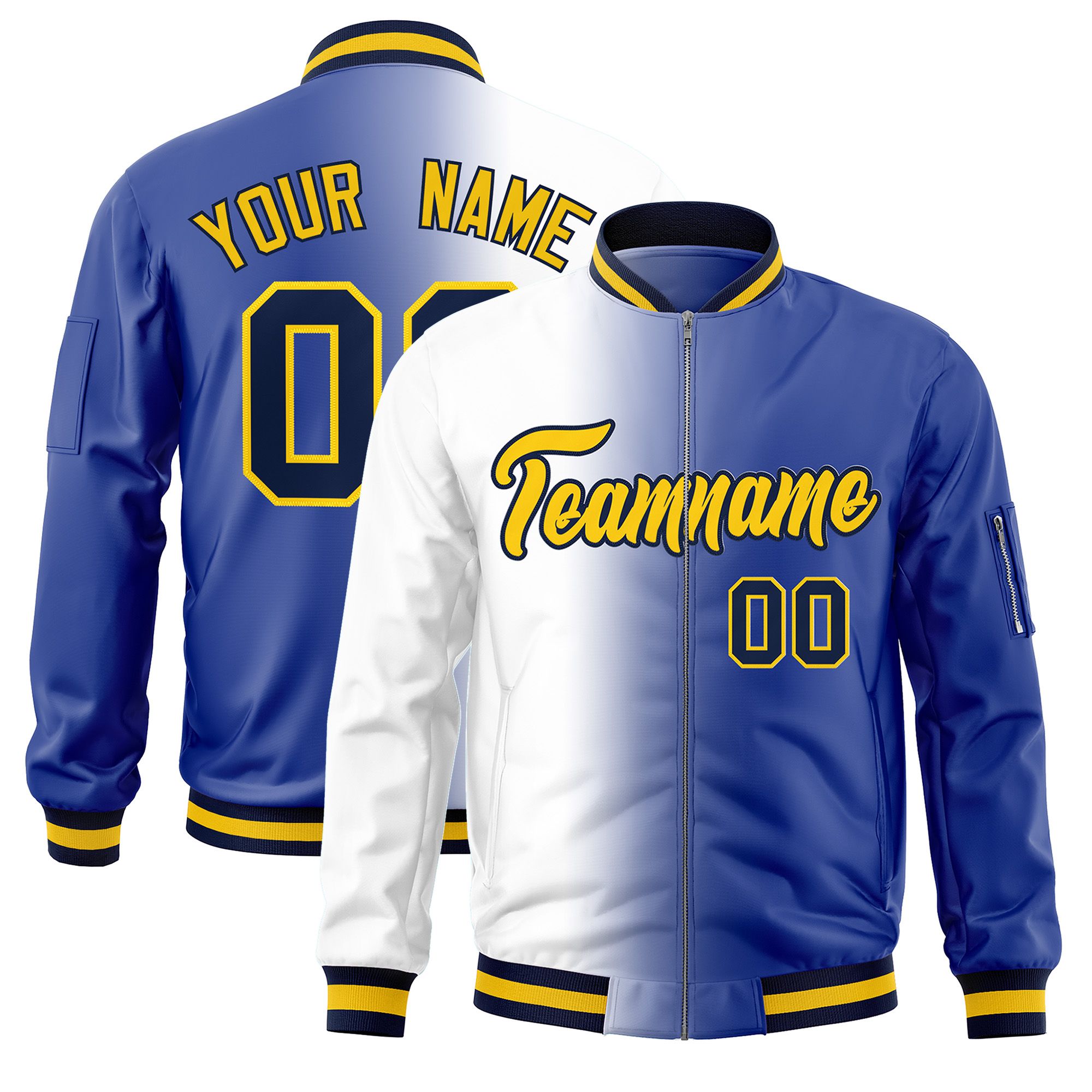 Custom White Royal Full-Zip Gradient Fashion Letterman Bomber Jacket