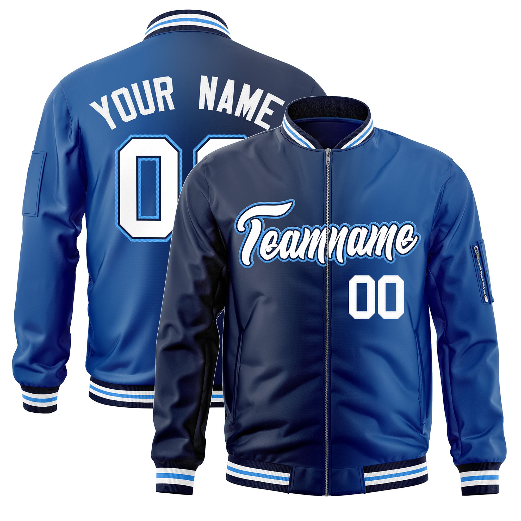 Custom Navy Royal Full-Zip Gradient Fashion Letterman Bomber Jacket