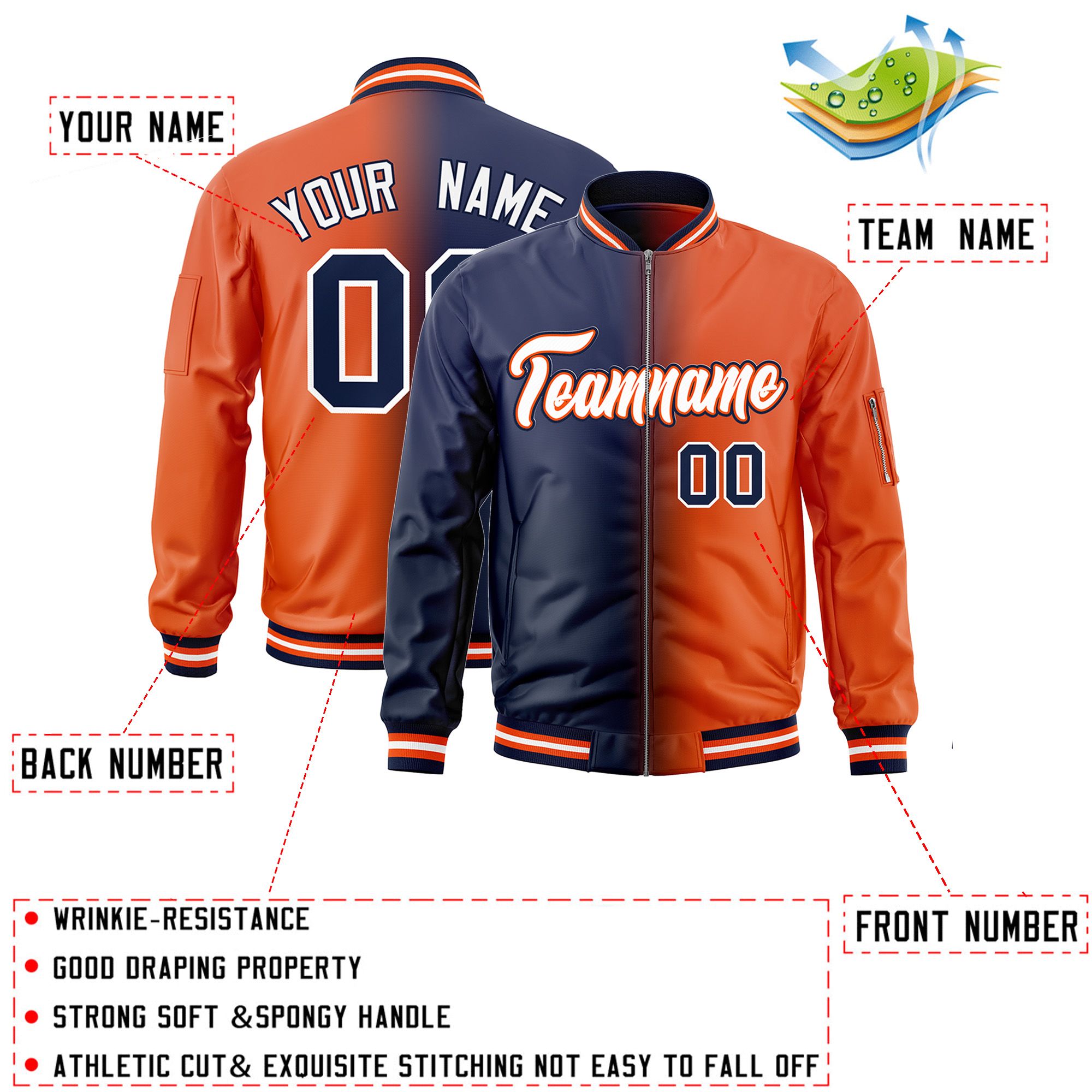 Custom Navy Orange Full-Zip Gradient Fashion Letterman Bomber Jacket