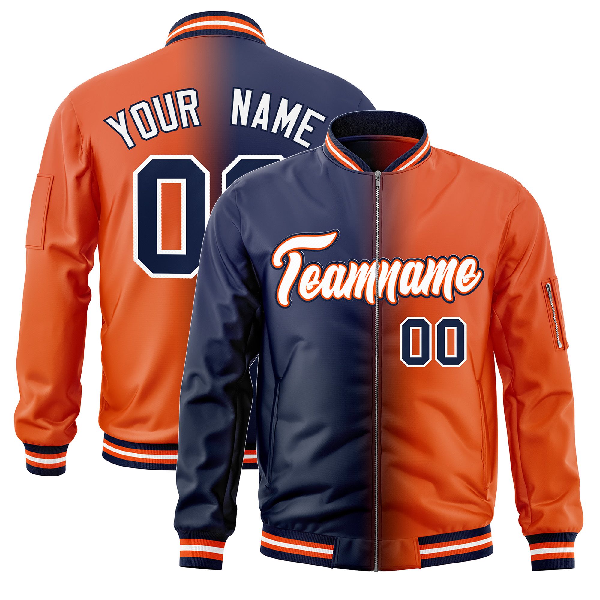 Custom Navy Orange Full-Zip Gradient Fashion Letterman Bomber Jacket