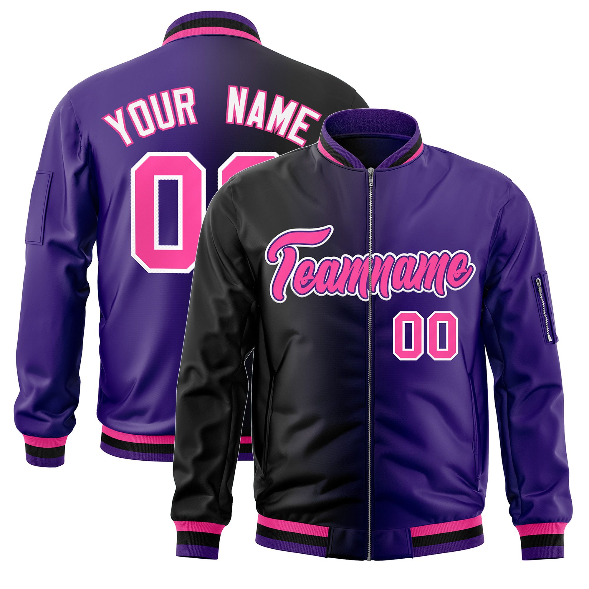 Custom Black Purple Full-Zip Gradient Fashion Letterman Bomber Jacket