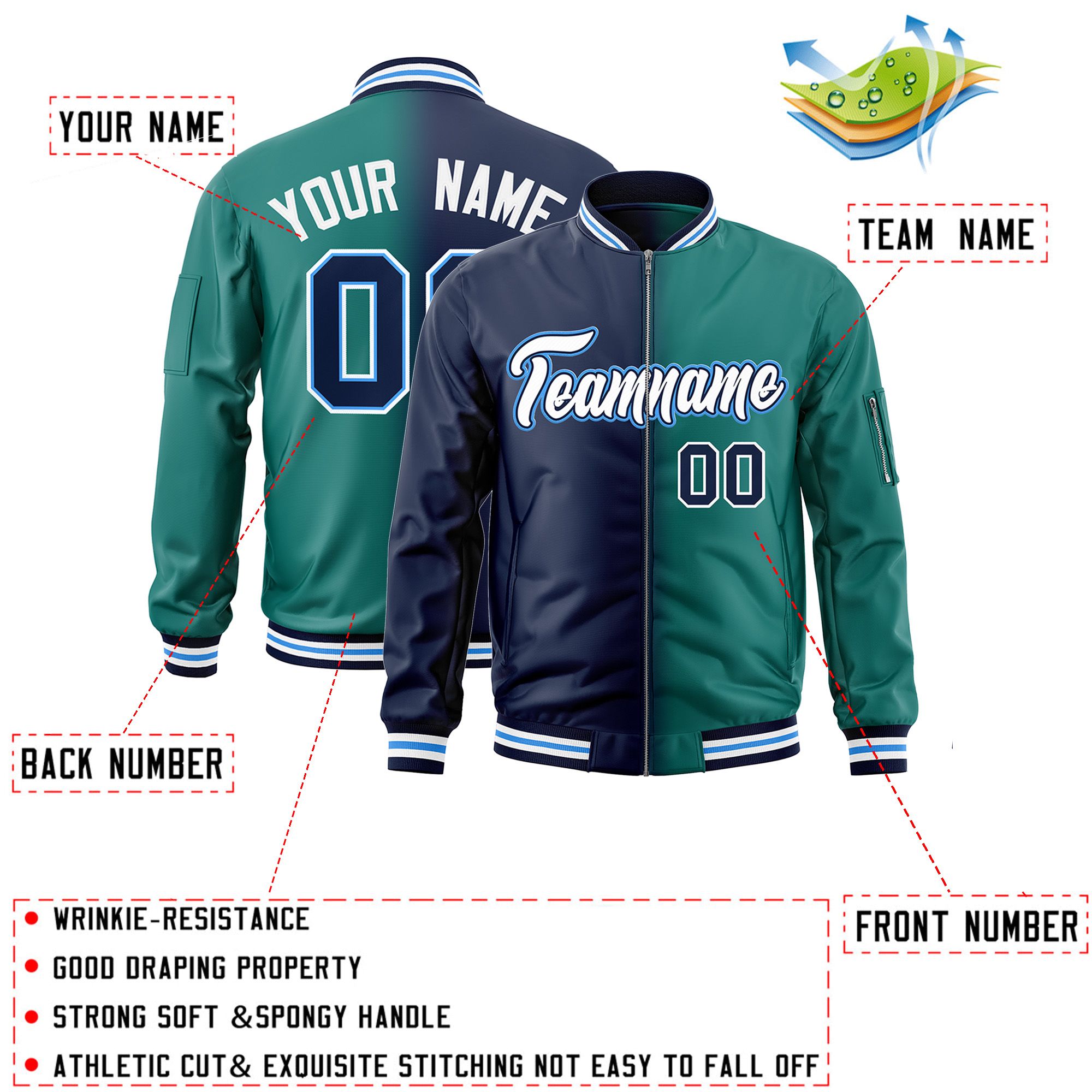 Custom Navy Aqua Full-Zip Gradient Fashion Letterman Bomber Jacket