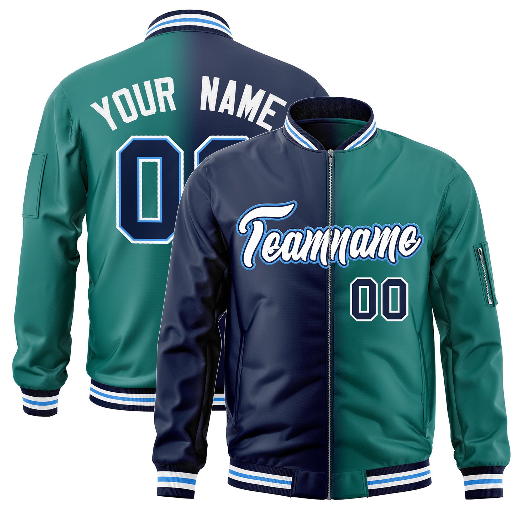 Custom Navy Aqua Full-Zip Gradient Fashion Letterman Bomber Jacket