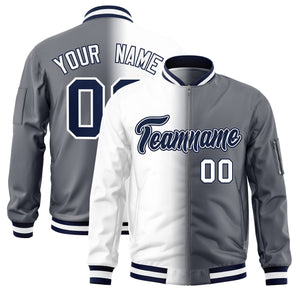 Custom White Dark Gray Full-Zip Gradient Fashion Letterman Bomber Jacket