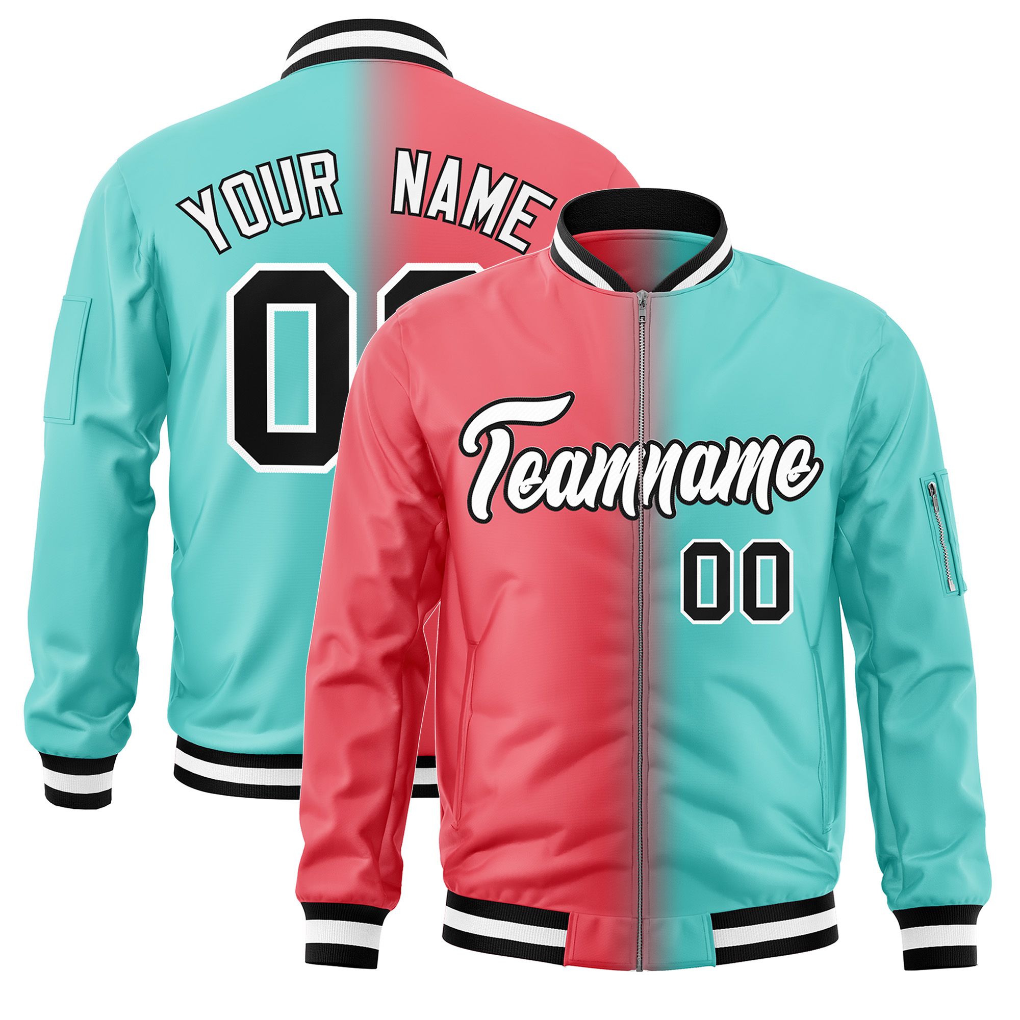 Custom Light Red Bright Green Full-Zip Gradient Fashion Letterman Bomber Jacket