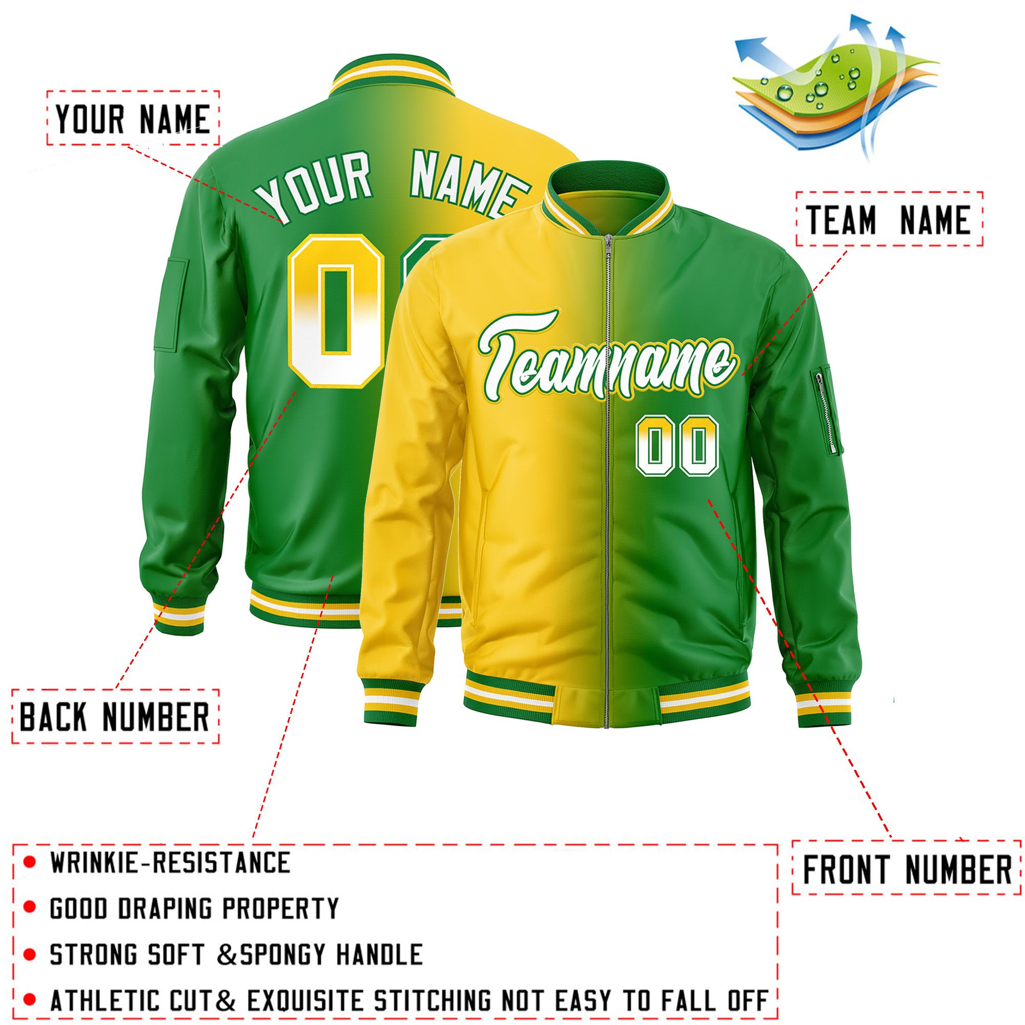 Custom Gold Kelly Green Full-Zip Gradient Fashion Letterman Bomber Jacket