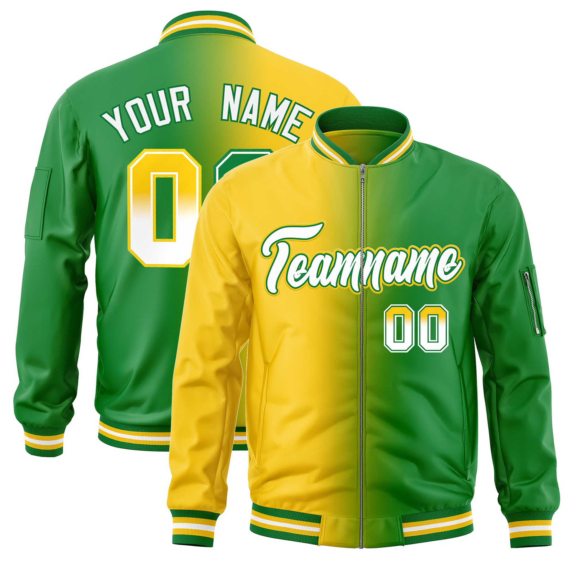 Custom Gold Kelly Green Full-Zip Gradient Fashion Letterman Bomber Jacket