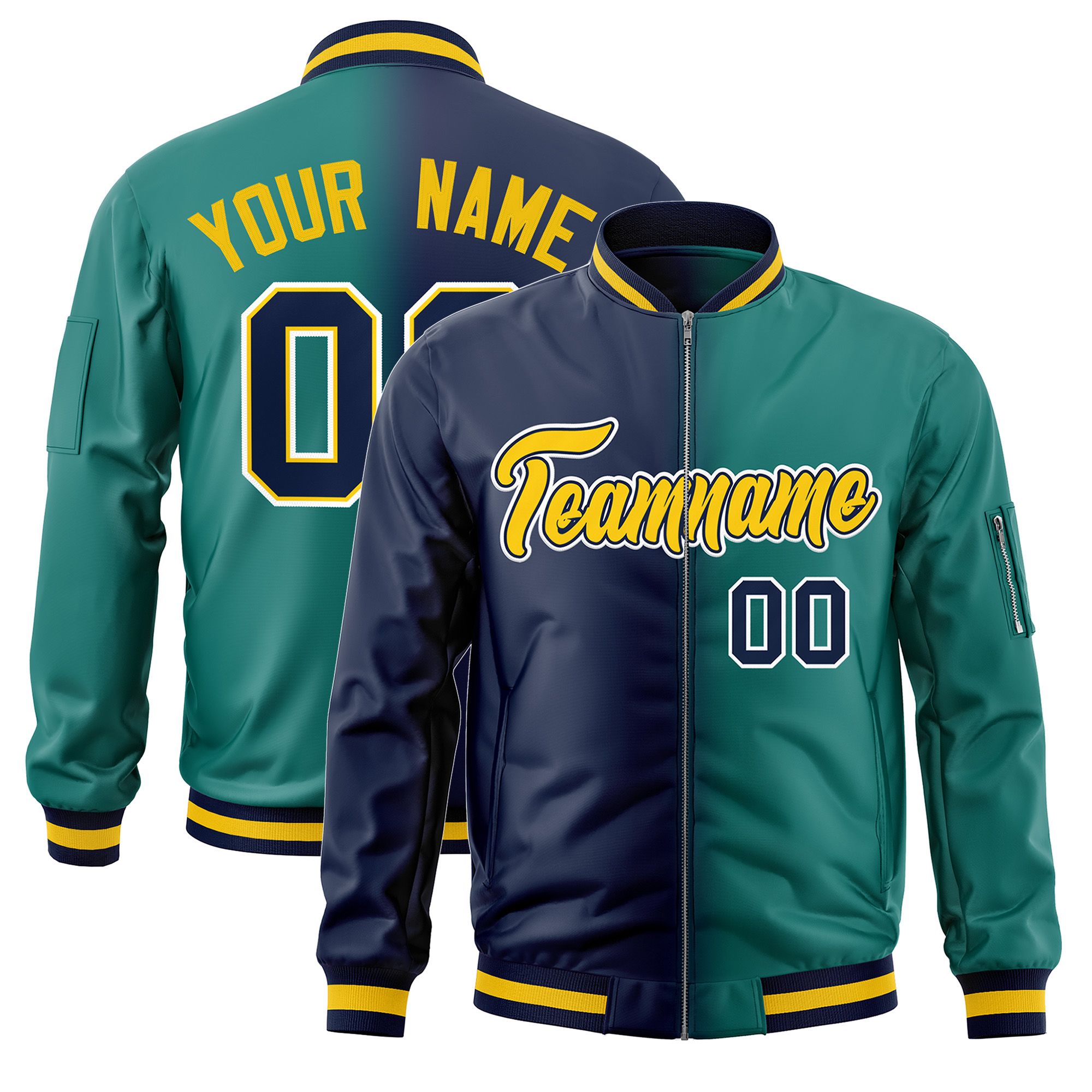 Custom Navy Aqua Full-Zip Gradient Fashion Letterman Bomber Jacket