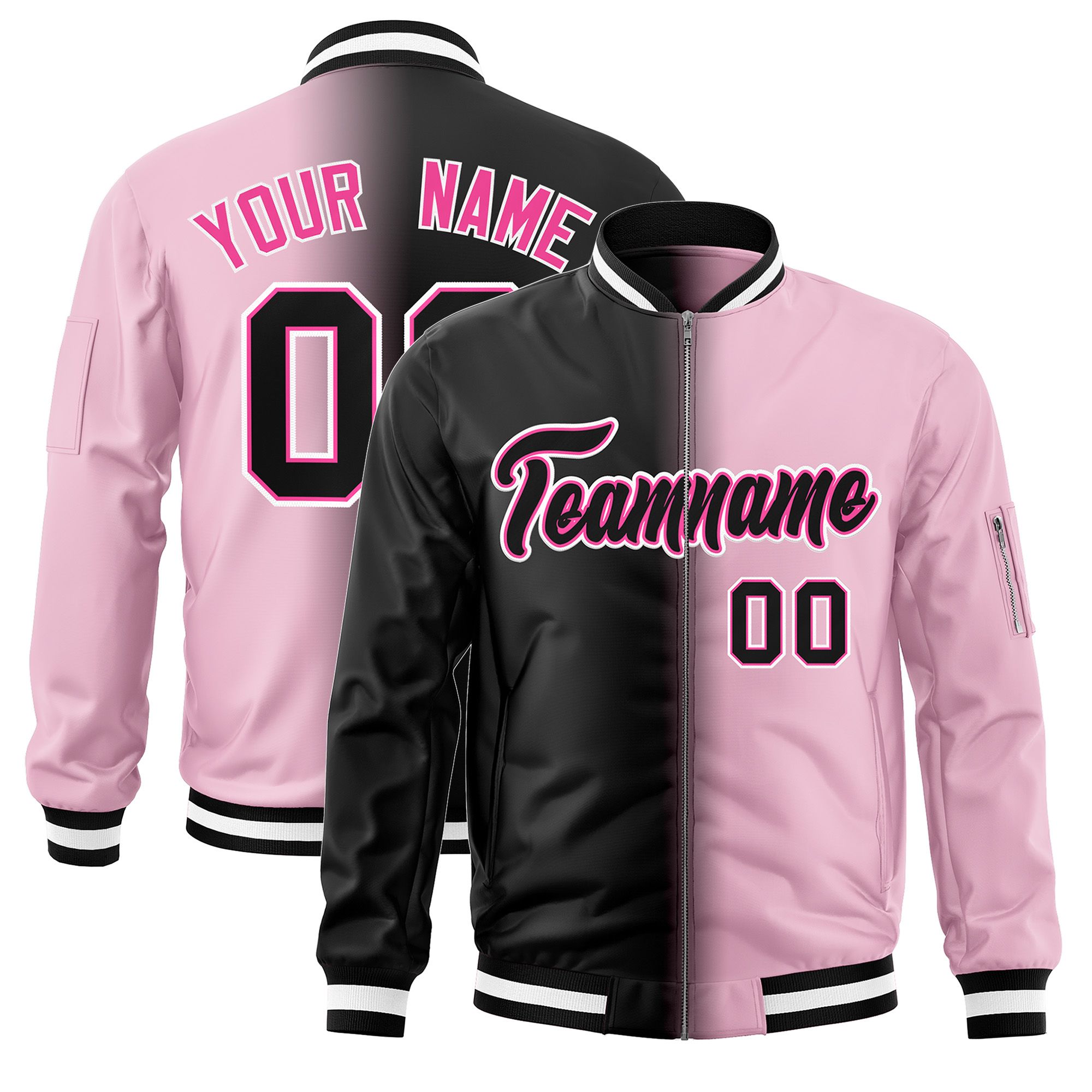 Custom Black Light Pink Full-Zip Gradient Fashion Letterman Bomber Jacket