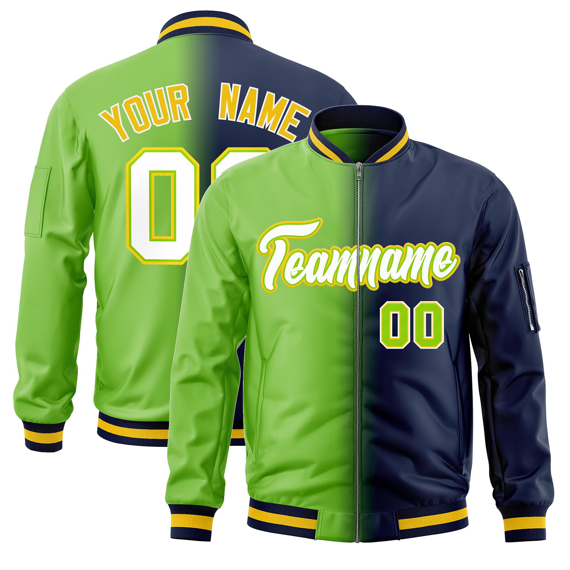 Custom Neon Green Navy Full-Zip Gradient Fashion Letterman Bomber Jacket