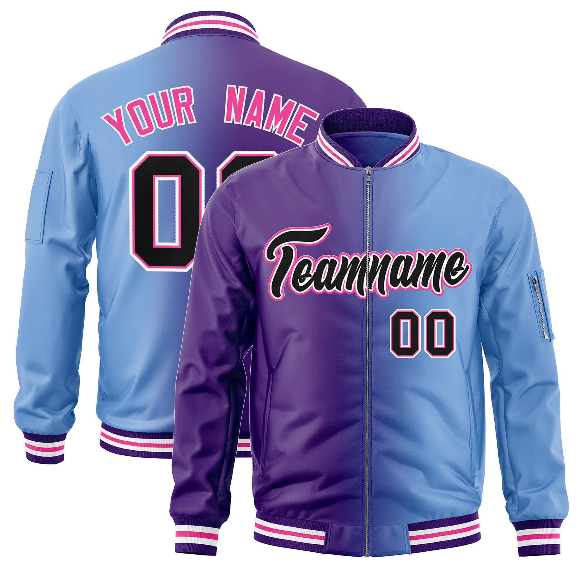 Custom Purple Light Blue Full-Zip Gradient Fashion Letterman Bomber Jacket