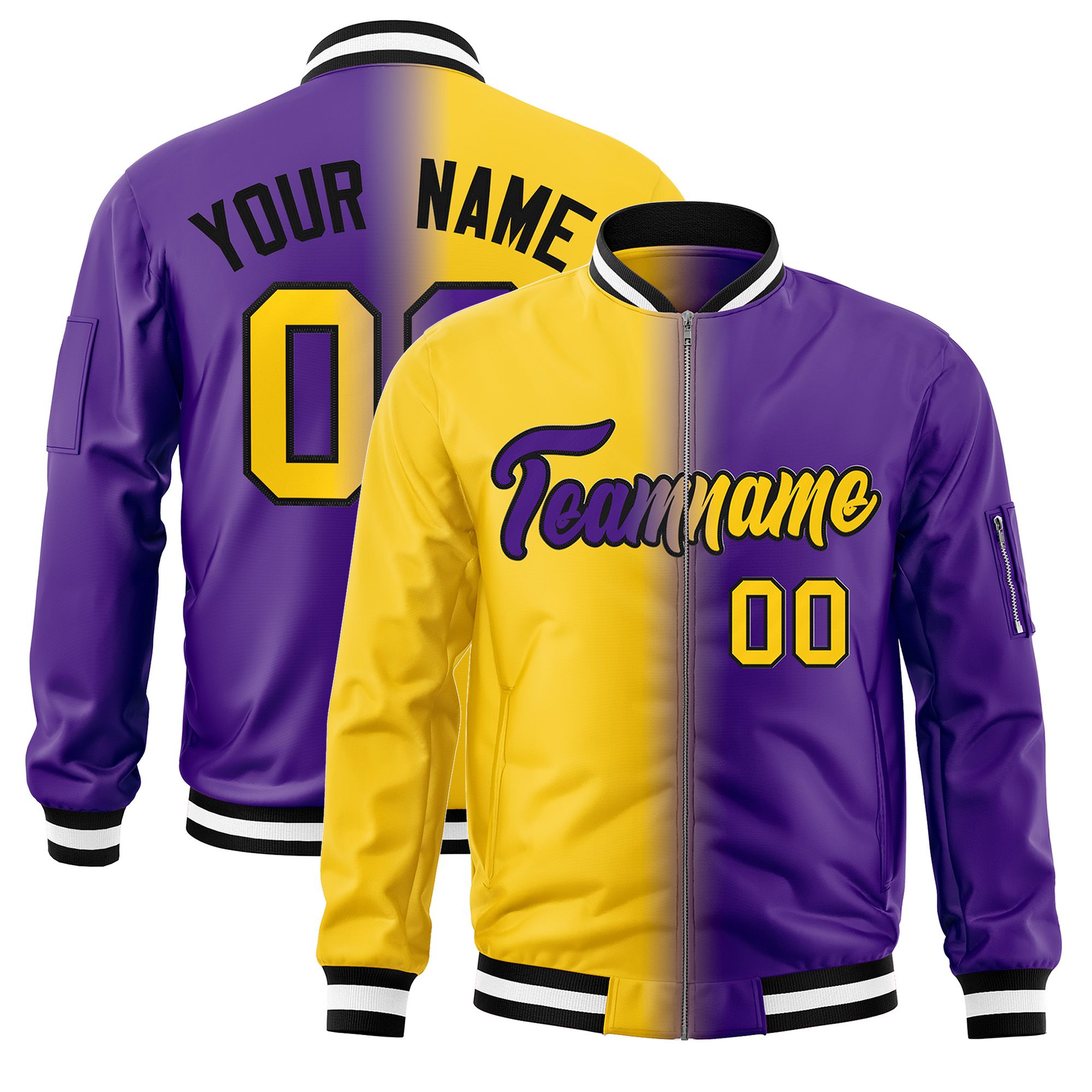 Custom Gold Purple Full-Zip Gradient Fashion Letterman Bomber Jacket