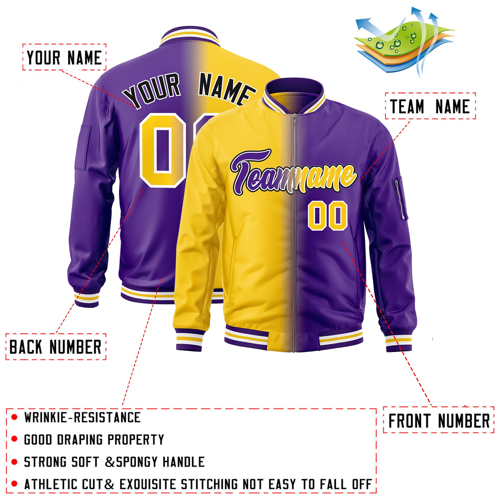 Custom Gold Purple Full-Zip Gradient Fashion Letterman Bomber Jacket